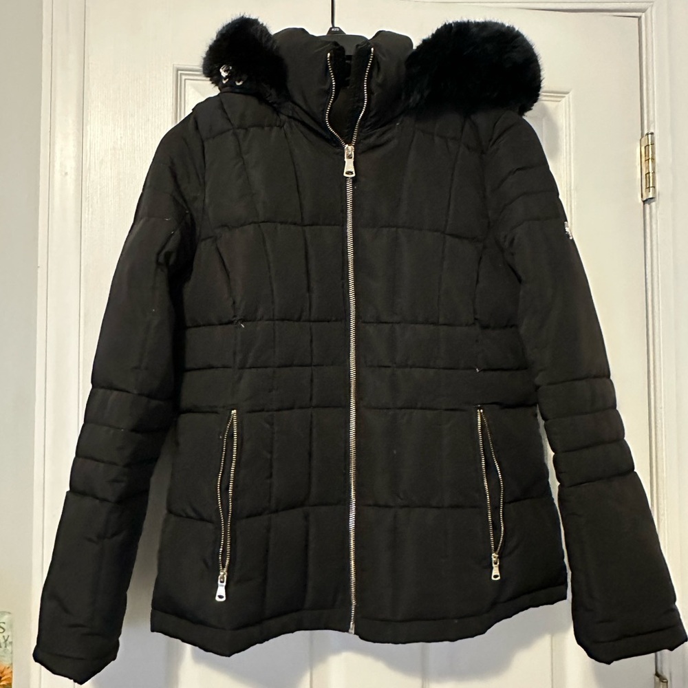 Calvin Klein Black Puffer Jacket with Detachable Fur Trim
